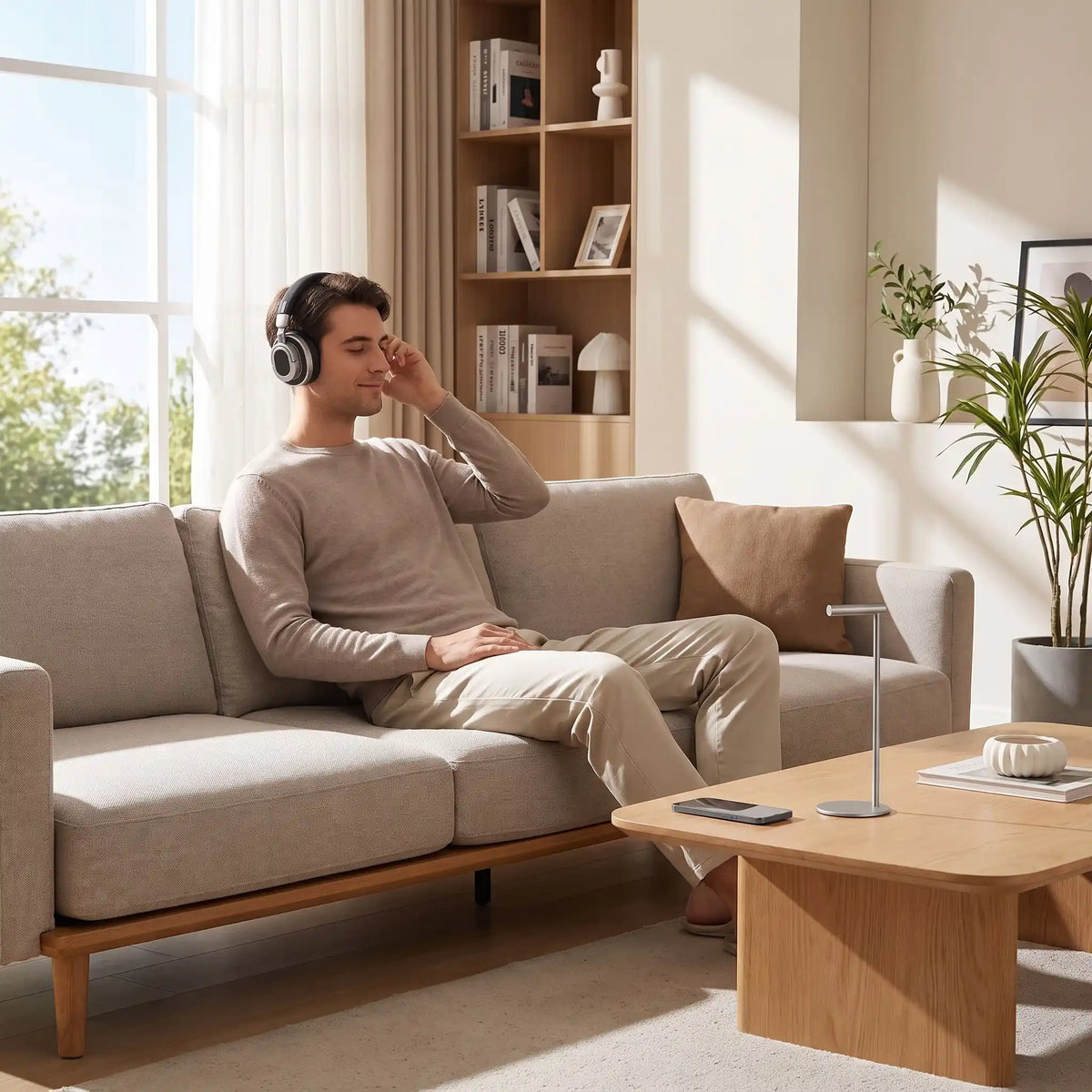 casque bluetooth homme assis sur  divan
