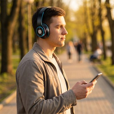 Casque bluetooth sur la tete dun homme