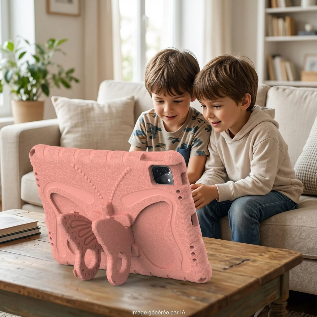 Deux jeunes enfants regardant un film sur une tablette avec une coque rose pêche et un support papillon