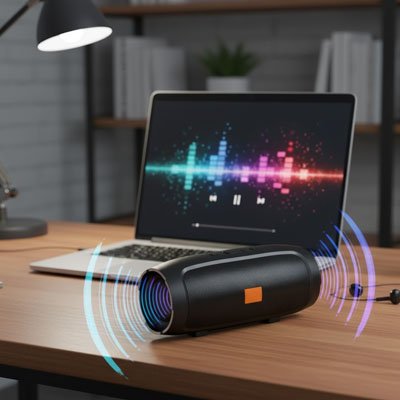 Enceinte bluetooth devant ordinateur