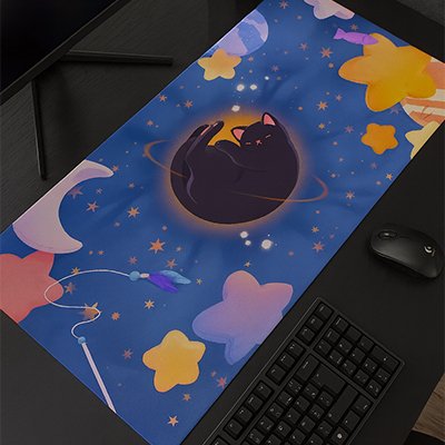 grand Tapis de souris bleu étoile chat en boule noir