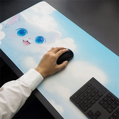 grand Tapis de souris bleu pâle avec visage de chat blanc