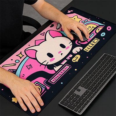 grand Tapis de souris rose noir avec un visage de chat blanc
