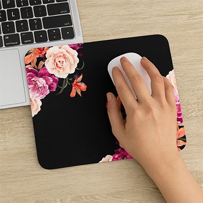 petit Tapis de souris noir avec fleur rose