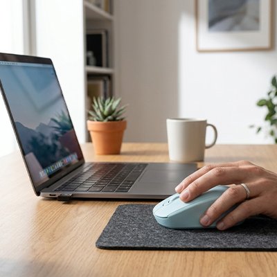 Souris sans fil devant un pc