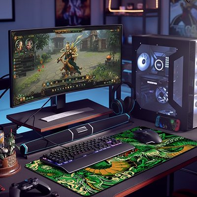 Sous main bureau dragon vert avec ordinateur