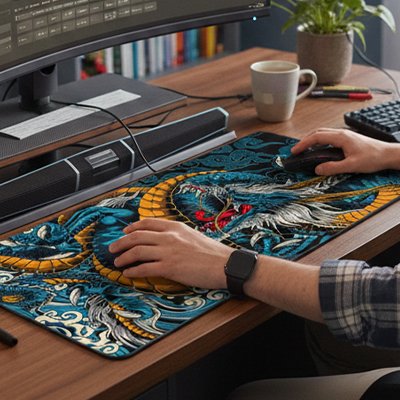 Sous main bureau dragon bleu avec deux mains