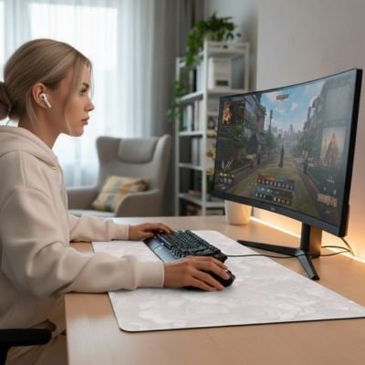 sous main bureau femme qui travaille