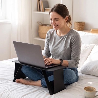 support ordinateur portable assis sur le lit