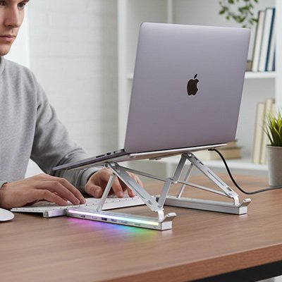 Support ordinateur portable gris avec ordinateur