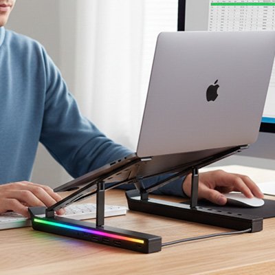 Support ordinateur portable noir avec lumière sur coter