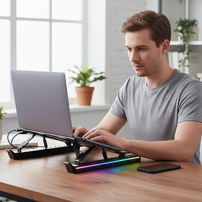 Support ordinateur portable noir sur une table