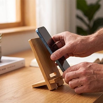 support telephone  en bois
