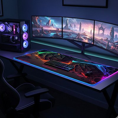 Tapis de souris gamer a cote de l ordinateur